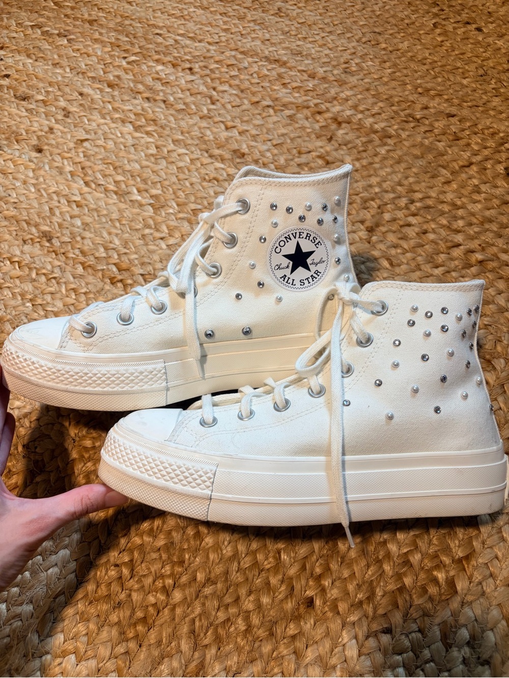 Converse White High Top Platform Sneakers with Pearls & Silver Studs
